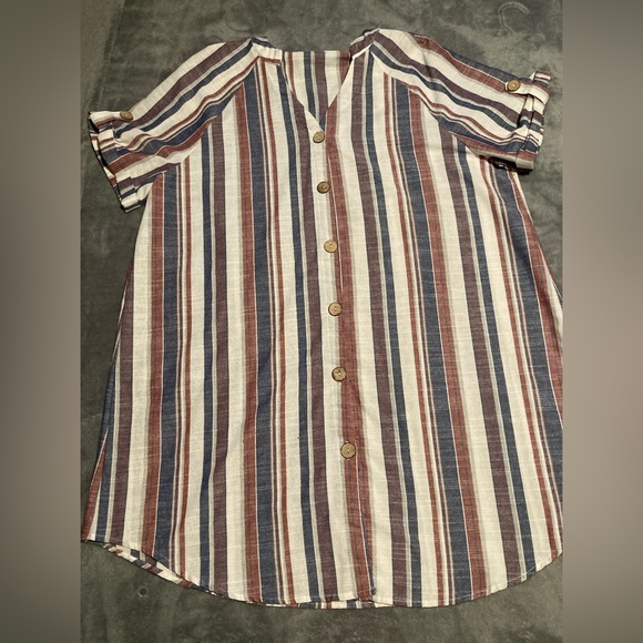 Shein Curve Button Down Dress Stripped Blue Charcoal Big Buttons NWOT - Picture 1 of 5